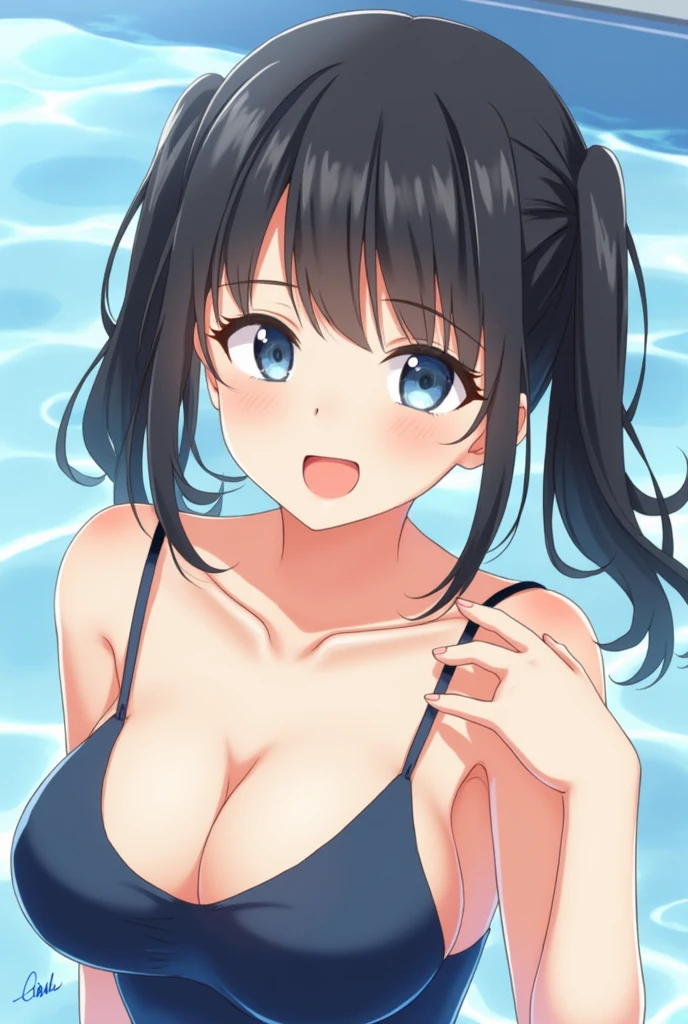 cute, girls, elementary school students, black hair, twin tails, dark blue school swimsuit, medium bust, smile, shiny skin, exposing breasts, nipple, show breasts, erotic, horny, semi-nude, topless