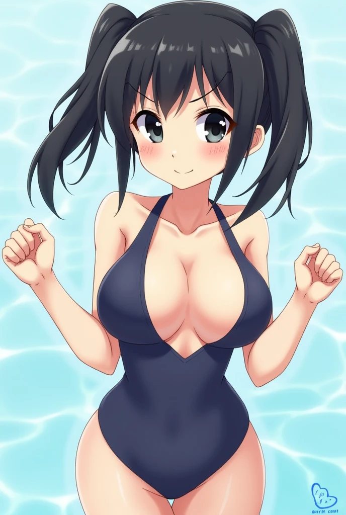 cute, girls, , black hair, twin tails, dark blue school swimsuit, medium bust, smile, shiny skin, exposing breasts, nipple, show breasts, erotic, horny, semi-nude, topless