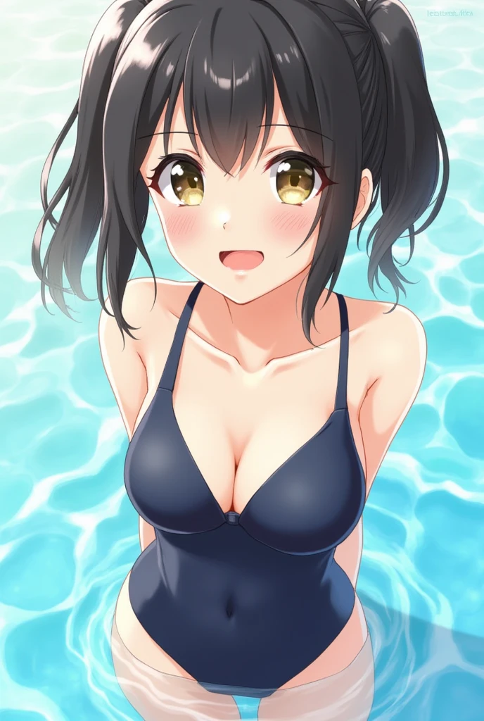 cute, girls, , black hair, twin tails, dark blue school swimsuit, medium bust, smile, shiny skin, exposing breasts, nipple, show breasts, erotic, horny, semi-nude, topless