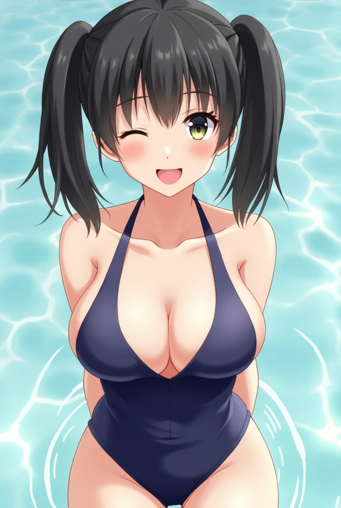 cute, girls, elementary school students, black hair, twin tails, dark blue school swimsuit, medium bust, smile, shiny skin, exposing breasts, nipple, show breasts, erotic, horny, semi-nude, topless