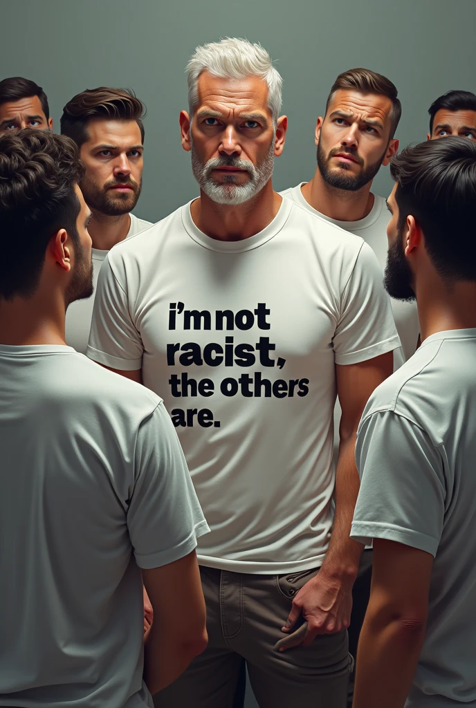 A white man talking to other white men wearing a white shirt with the words "I'm not racist, the others are"