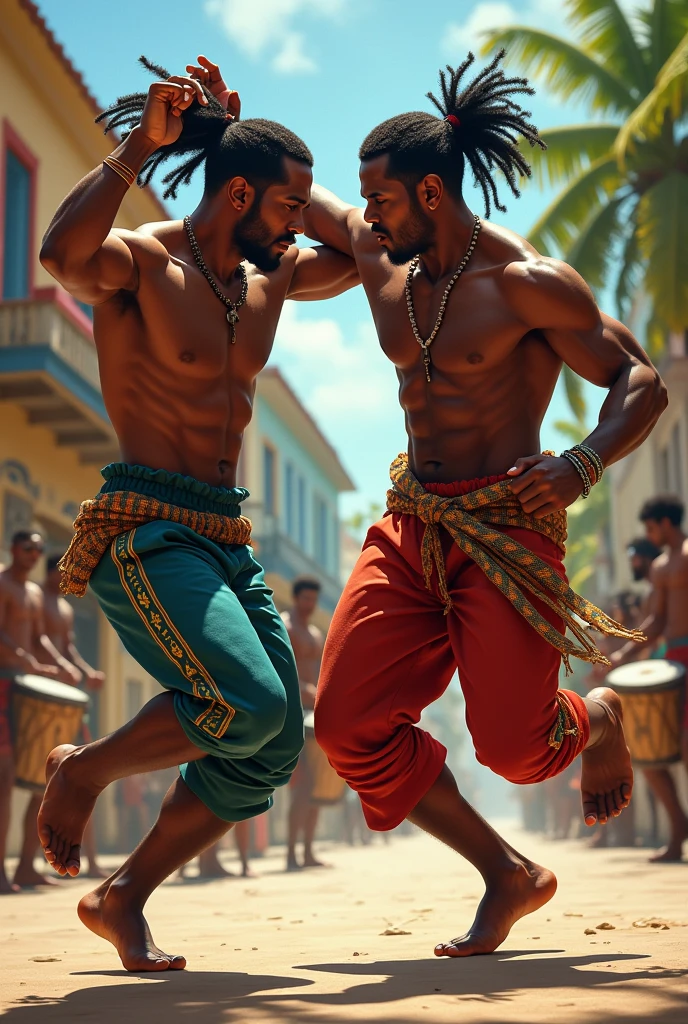 Deux joueurs de capoeira, ils sont noirs, il y a des joueurs de tambour. Digital art, graphisme réaliste. La scène se passe dans la caraïbe