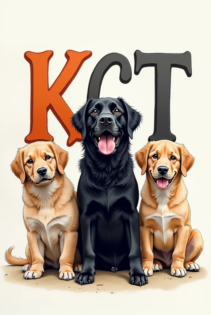 Drawing with the initials KCT and 3 dogs, one of which is black
