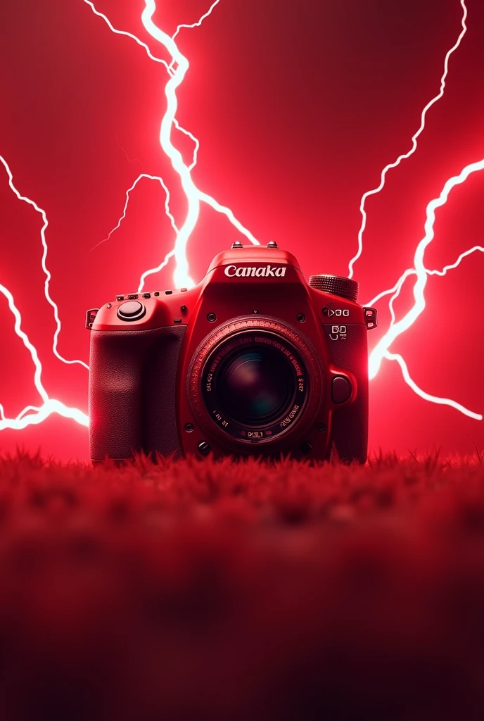 Create an image of a red professional camera emoji in the center and several red lightning bolts in the background