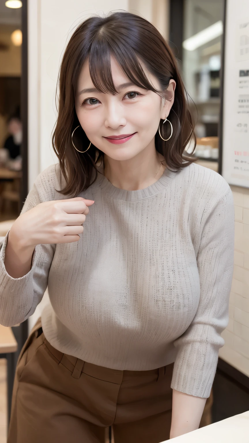 Osaka's aunt、Organic Photography、Highest quality、masterpiece、Ultra-high resolution、Beautiful Japanese old lady、60 years old、Looking at the audience、Elegant face、Smiling with teeth showing、Big Breasts、Wearing a plain short-sleeved knit、Wavy Hair、mini skirt、Earrings、A corner of a coffee shop, Background Blur