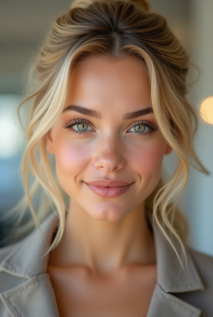 Create a close-up front-face portrait of a stunning young blonde influencer. She is in her early 20s and has radiant, flawless skin.. Her face is symmetrically beautiful, with large, expressive eyes that captivate the viewer. She wears her hair up in soft waves that perfectly frame her face.. She has full, well-defined lips with a natural, attractive smile.. His expression conveys confidence and warmth.. His body is also facing forward, with a stylish outfit that accentuates her modern and current fashion sense. The overall look should convey elegance, accessibility and a strong presence on social media.
