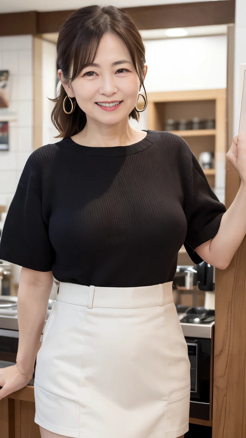 Osaka's aunt、Organic Photography、Highest quality、masterpiece、Ultra-high resolution、Beautiful Japanese old lady、60 years old、Looking at the audience、Elegant face、Smiling with teeth showing、Big Breasts、Wearing a plain short-sleeved knit、Wavy Hair、mini skirt、Earrings、A corner of a coffee shop, Background Blur