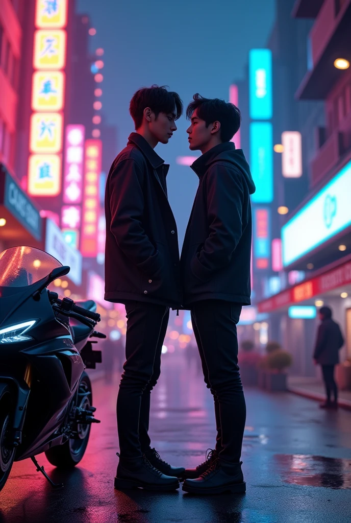 Jungkook stands opposite Taehyung against the backdrop of a night city. They're gay, and Jungkook is a little taller, and Taehyung is a little lower. They look at each other with passion in their eyes and next to them stands a black sports motorcycle..