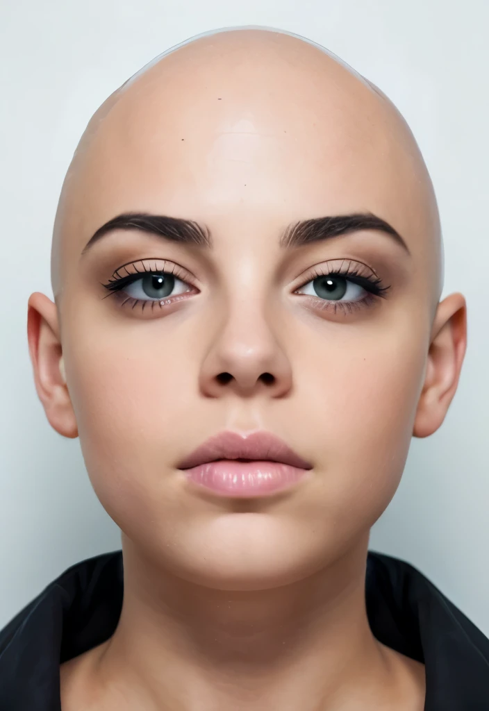Wearing soft makeup,Passport style photo facing forward,  Brightly lit front facing Bald Billie eilish Attractive female woman front view, front view focus on face, portrait , face portrait close up, facing the viewer, maintains eye contact, close-up, bald beauty, face centered, symmetrical face, beautiful lips, white skinned sexy griffon female griffon alien no hair her head, with a sexy knock out body, large saggy tits, (Her face is gorgeous), Her skin is smooth, moist, and glossy, perky sharp ears, clean lines, photoshoot, no background, sexual soft skin, sexy extraterrestrials,she has plump juicy lips,
