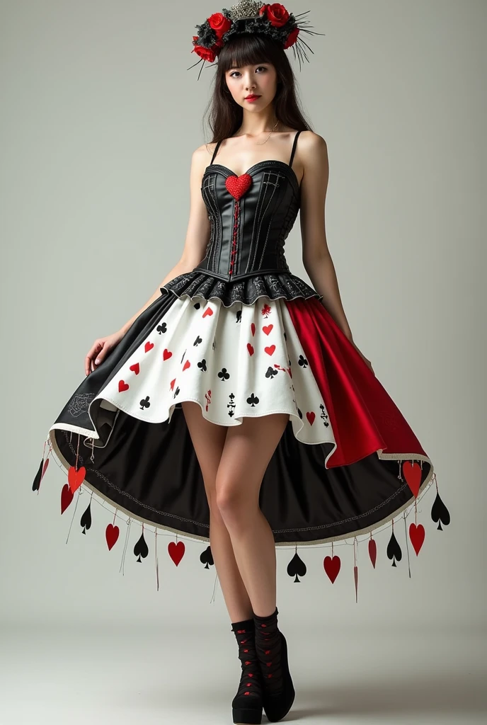 make a black corset made of playing cards with a red heart between the breasts, a half white skirt, red and black, under the skirt symbols from the deck giving the effect that they are falling, Also make the model wear socks in the deck theme
