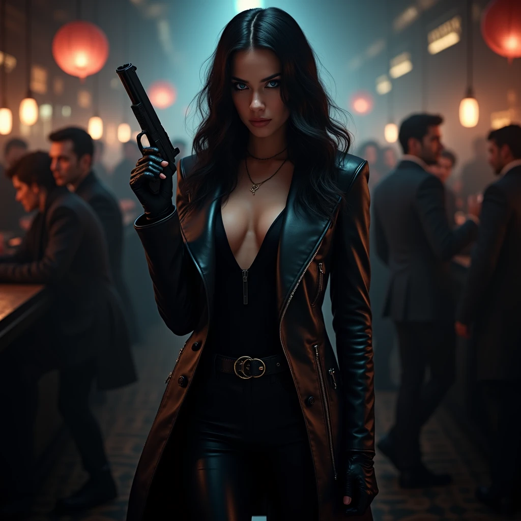 A beautiful woman with mesmerizing blue eyes, long, straight, jet-black hair, which falls in small waves, she is very beautiful, Wide hips, He wears black leather pants with a long black and leather detective-style jacket., She has a gun in her hand which has black leather gloves. is in a bar full of men. With an intimidating and strong gaze, a gaze full of power, in a combat pose. megan fox.