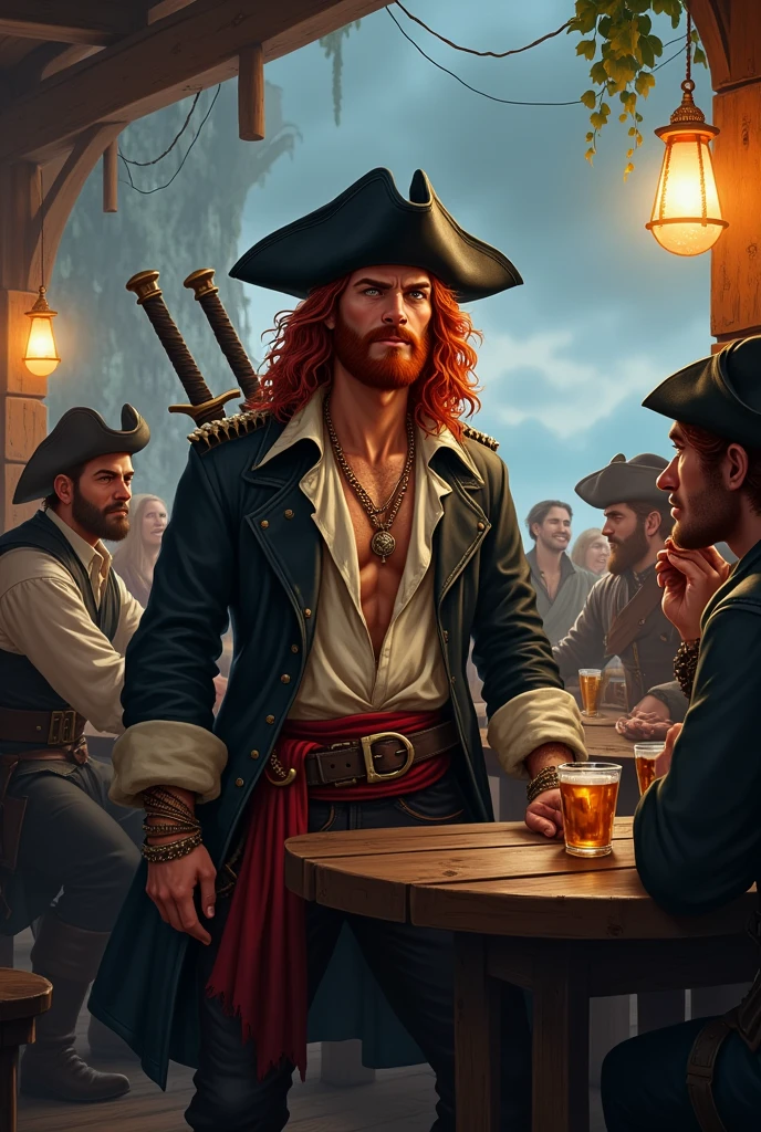 Red haired pirate, DnD world. A male pirate with long curly red hair, he has no beard and a small scar on his nose. He’s wearing an old pirate trench cot, with an half ooen shirt under it. On his trousers he had a belt and a red band. On his head an old ruinedblack pirate hat. He’s having fun with many other sailor at the pub, there’s a storm in the background and a pirate city. He has two bastard sword on his back. He has many necklace and bracelets with some tatoos