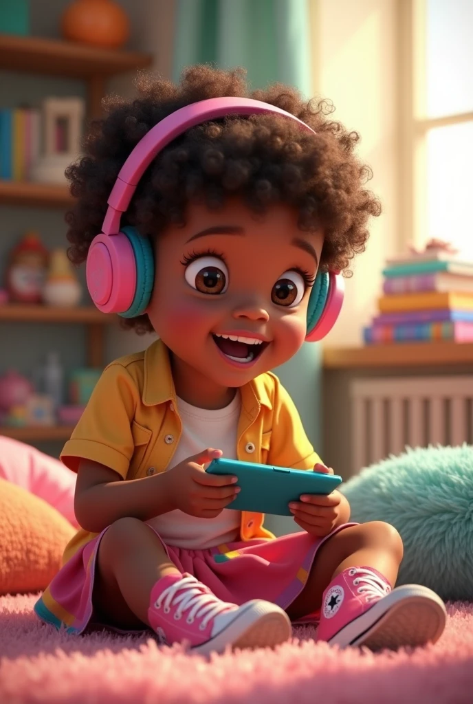 A child between 5 and , light brown with short curly hair, wearing a skirt, pink All Star shoes and headphones playing games.