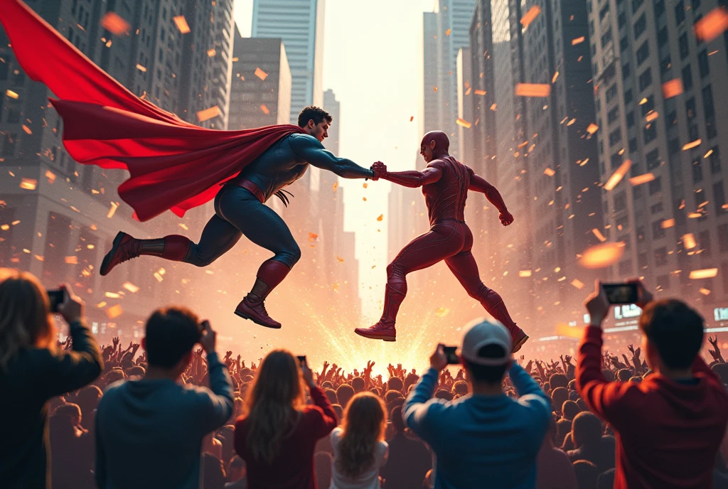 Superheroes being filmed by people in public