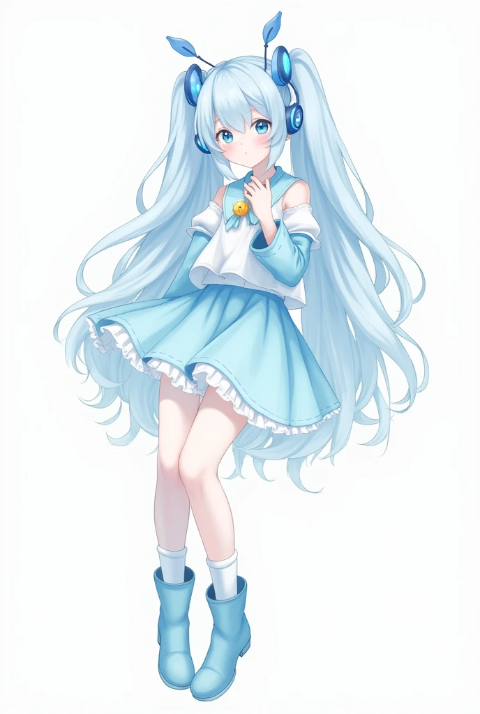 female character,that she is an adult,that only the head is noticeable,with long, light blue hair, light blue and white shirt, with light blue skirt, sky blue and white socks, White skin, sky blue boots, cinamoroll sky blue headphones.