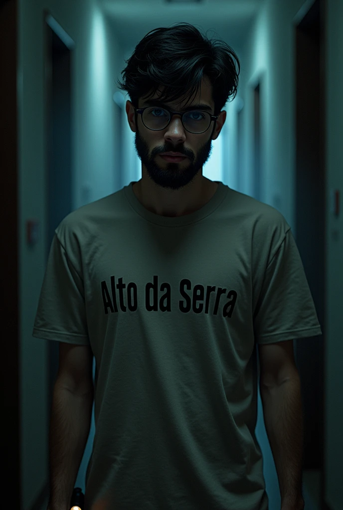 Mature 20 year old man with mysterious expression, black short hair, with medium black beard and brown eyes with glasses hanging on his shirt wearing a summer camp t-shirt that says Alto da Serra and a flashlight in his hand, half dark academia, Estilo da DC Comics, imagem sem fundo, dc comics style