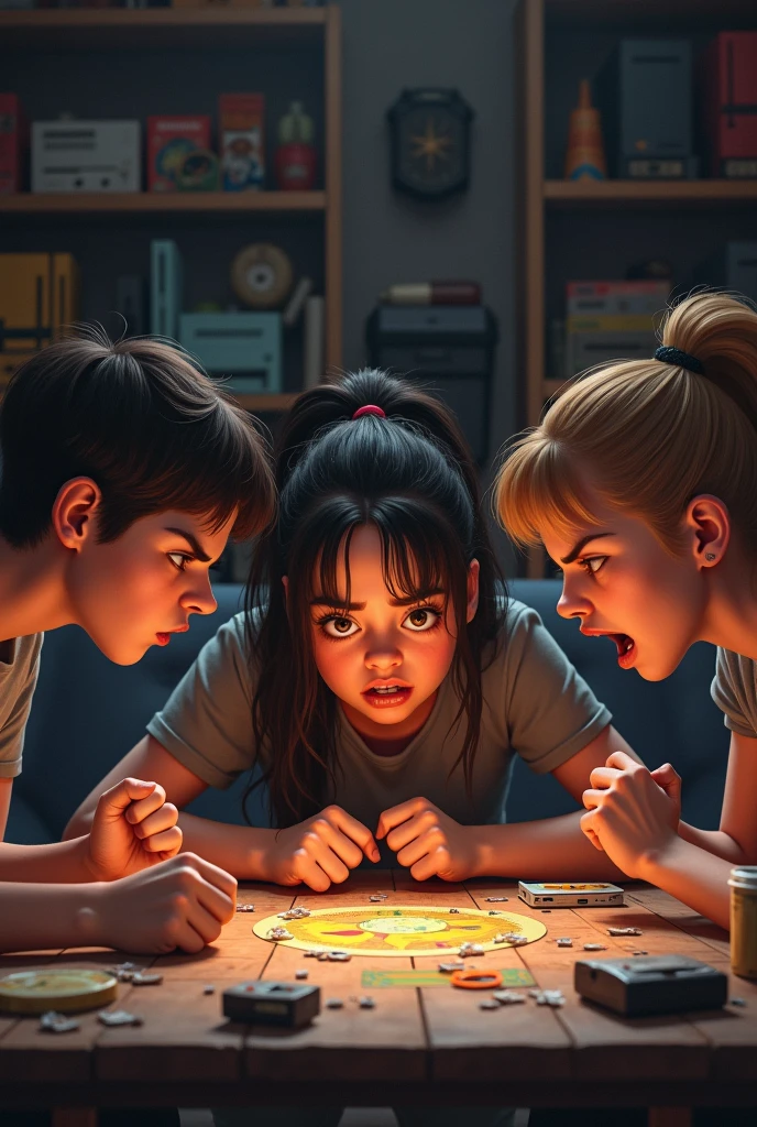 Three friends playing games with angry faces