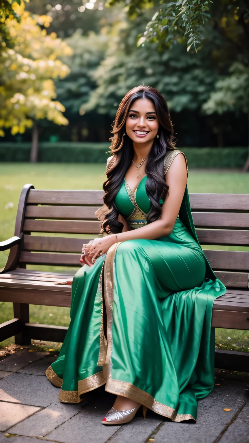 Realistic full body photo of smiling Indian woman with long hair, She dances in front of the camera in a long A-line dress with straps made of shiny green satin, Park,glamour fotoshooting, Wedding celebration, perfect anatomy, Perfect brown eyes. Perfect hands with 5 fingers on each hand, Matching girl, looking at the camera, 1 Frau. (Eye make up:1.1), (highly detailed skin:1.1), spirit, analog style, keen focus, 8K UHD, dslr, good quality, Fujifilm XT3, Grain, Award-winning, masterpiece. Wedding celebration. She sits on a bench and shows her long dress. Beautiful shoes
