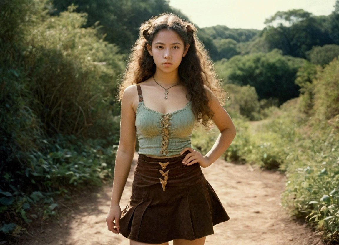 analog film photograph, photo of an elden maiden, 18-years-old, amazonian stature, athletic hourglass figure, busty breasts, narrow waist, full wide hips, big round buttocks, wearing a tank top and a corduroy skirt, tan complexion, pointy elf ears, amber eyes, dark hair, long messy curls, strolling along a fantasy landscape, RAW Photograph, dslr, soft lighting, high quality, film grain, Fujifilm XT3, detailed skin with visible pores, insane details, masterpiece, 8k, 35mm photograph, dslr, kodachrome, faded film, desaturated, grainy, vintage, Lomography, stained, highly detailed, found footage, elven ears