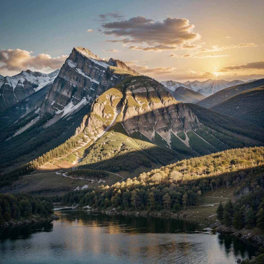 A majestic mountain landscape at sunrise, where the natural elements subtly form the face of Jesus Christ. The outline of the face is visible through the contours of the mountains, with the ridges and valleys shaping the features. The eyes are softly suggested by a pair of small lakes, glowing with the reflection of the rising sun. The nose is formed by a tall, slender peak, while the mouth is gently indicated by a curving river. The beard is represented by a dense forest at the base of the mountains. The sky is filled with a golden light, casting a divine glow over the entire scene, enhancing the spiritual atmosphere. The overall image should feel serene and awe-inspiring, blending the natural landscape seamlessly with the divine visage."