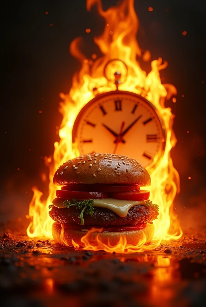 burger black background and fire around with a burning clock