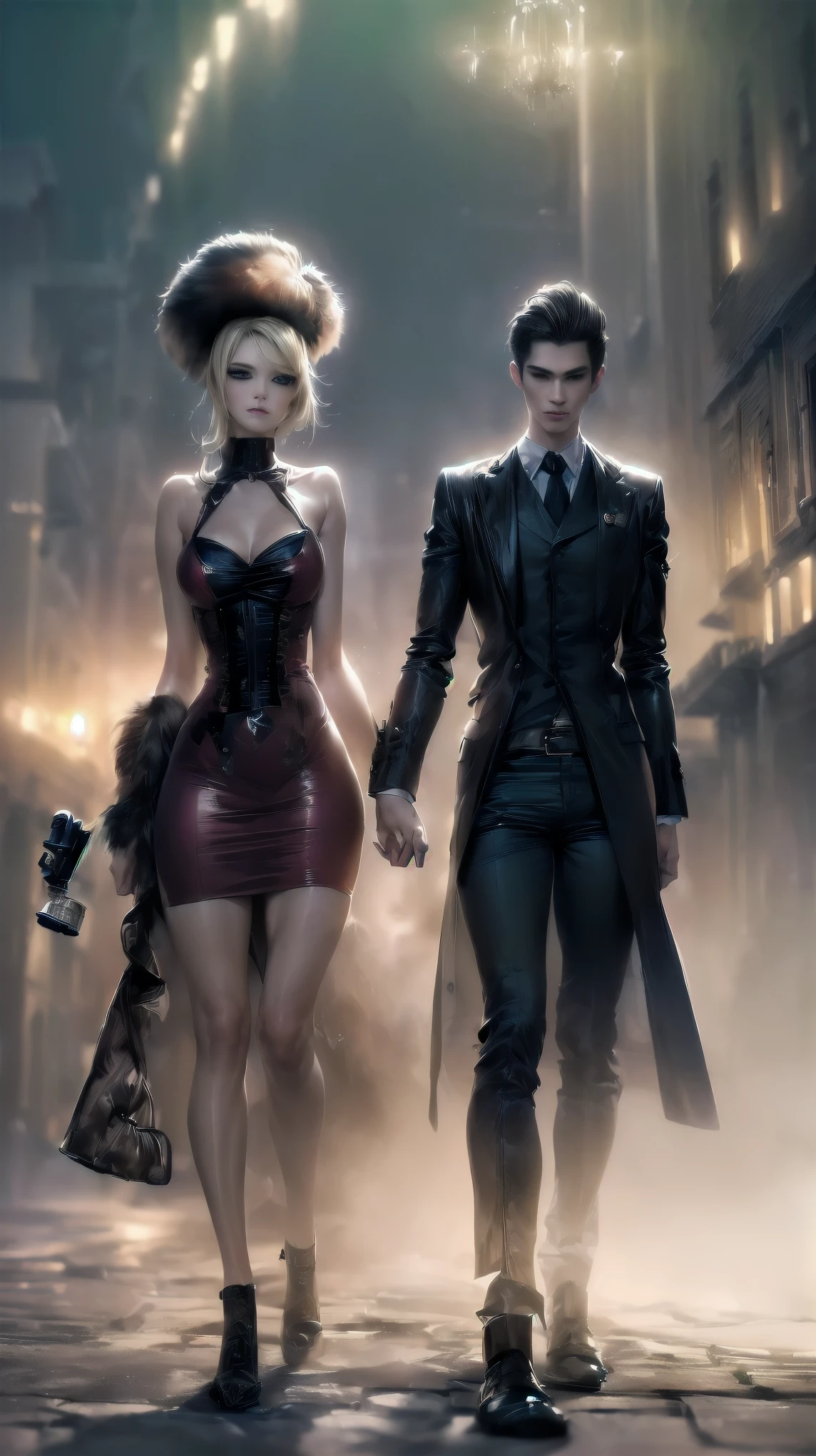 (a straight straight anime couple: 1.5, dark style, large eyes, Small pieces, fluffy black fur:1.5), (dark gothic, Victorian Gothic Steampunk Style:1.47), Dark, ambiente oscuro con decoraciones de calaveras 32K, Fairy tale: 1.4, camera cut: 1.4, ((dream atmosphere, soft light and magic:1.3)), ((imaginative scene)),((perfect, meticulously detailed.:1.3)), ((full shot: 1.4)), ((Best Quality)) , ((masterpiece)), 3D, (hyper detailed: 1.3), ((epic landscape: 1.3)), ((night background: 1.3 ))), (((the night:1.2))), (photorealistic: 1,4), ((Frontal camera)),( (Low light night cinema lighting: 1,2)). 32K.