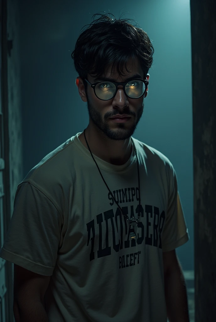 Mature 20 year old man with mysterious expression, black short hair, with medium black beard and brown eyes with glasses hanging on his shirt wearing a summer camp t-shirt that says Alto da Serra and a flashlight in his hand, half dark academia, Estilo da DC Comics, imagem sem fundo, dc comics style