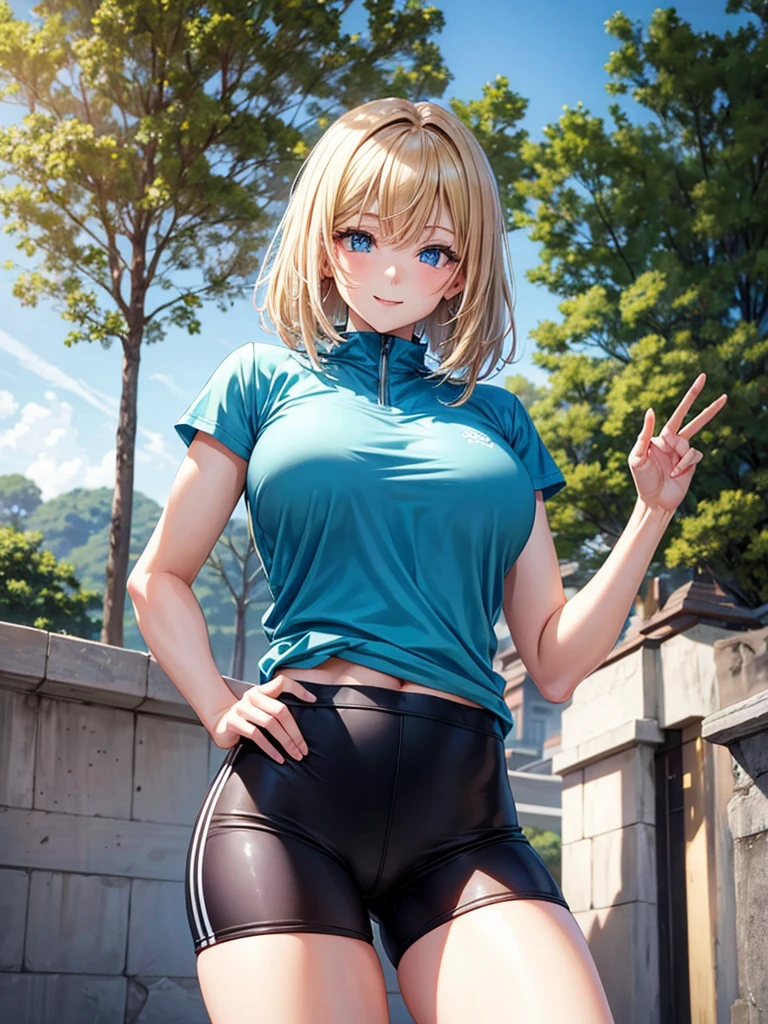 Anime style, super fine illustration, highly detailed, beautiful detailed, super pale tone image, lively representation, happy expression, pretty image, handsam face, 8k, pretty 1girl with blonde straight short hair & blue eyes & a bright smile & huge breasts & soft fair skin is wearing the black skportswear  & sportshorts & sportsjaket in the park, in the morning, happy stories, solo, perfect fingers, perfect arms, perfect legs, masterpiece.
