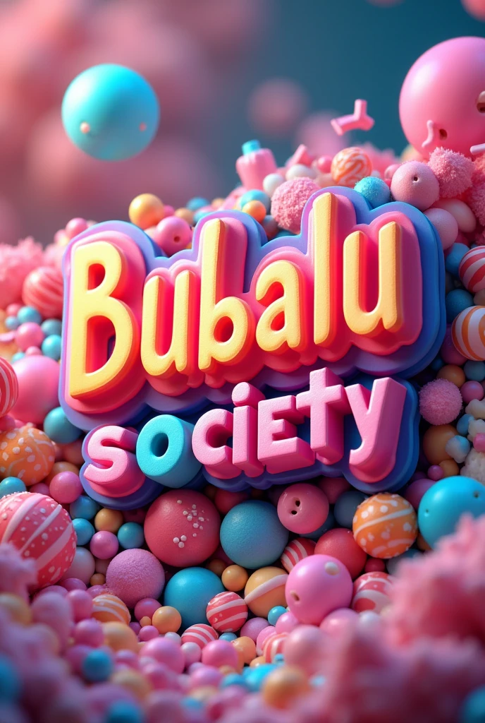 Logo with name “BUBALU SOCIETY” IN 3D with candy and sweets background in neon color