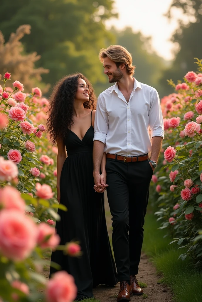 Photo: une femme de 25 ans, les cheveux longs noir bouclé, entourant un visage doux aux yeux marron emplie de joie. Elle porte une longue robe noir sexy. Avec elle un homme de 28 ans, ses cheveux mi long blond bien coiffé de manière aristocratique entourant un visage aux yeux vert emplie de tendresse. Il porte un pantalon noir de costume et une chemise blanche. Ils se balade main dans la main dans une roseraie