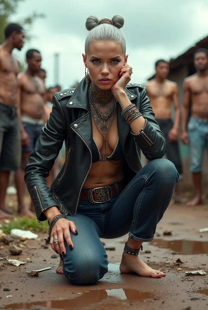 russian milf woman, grey  hair (top bun, shaved sides), colourful bandana as headband, with very light blue eyes, extremely pale skin. Wearing tight aged black moto jacket studded collar) with lots of zippers and pins, worn skinny dark blue jeans with patches, wet knees. Barefoot, with bracelets around ankles. Chain around hips like belts. Dirty knees, dirty feet and muddy hands. Wide studded belt. Lots of metallic bracelets, lots of boho pendants and lots of colourful beads collars. Long huge boho. Chains around the hips. Squatting on a puddle with hands on her hips, looking up, chin up, stretching her neck , humble facial expression. Bracelets in ankles and rings in fingers. Black nail polish. studded black leather tote bag with chain on the floor, next to her.. Listening looking up in amazement to somebody speaking to her from the sky, upper teeth visible. Well toned abdominals, thin neck, slim legs and thin arms. Narrow hips Cleavage, stomach, neck, tigh and hands completely covered with tattoos. Dirt street in Kenyan village full of waste. A lot of tanned shirtless fat men in jeans around looking at her. next to her, all her belongings scattered on the floor: tobacco packs, makeup kit, little makeup mirror, studded black leather tote bag, lipstick, wallet, moble etc on the floor