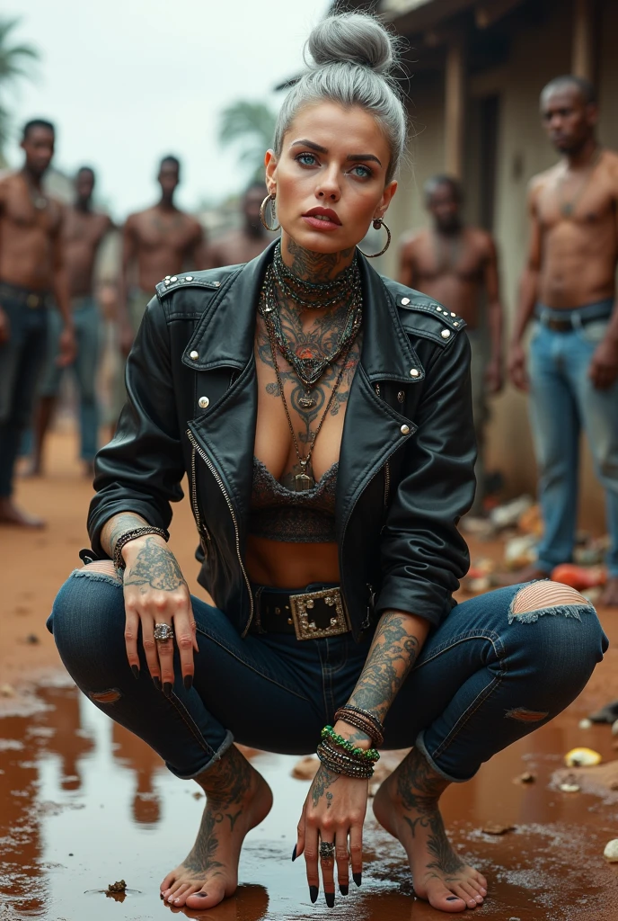 russian milf woman, grey hair (top bun, shaved sides), colourful bandana as headband, with very light blue eyes, extremely pale skin. Wearing tight aged black moto jacket studded collar) with lots of zippers and pins, worn skinny dark blue jeans with patches, wet knees. Barefoot, with bracelets around ankles. Chain around hips like belts. Dirty knees, dirty feet and muddy hands. Wide studded belt. Lots of metallic bracelets, lots of boho pendants and lots of colourful beads collars. Long huge boho. Chains around the hips. Squatting on a puddle with hands on her hips, looking up, chin up, stretching her neck , humble facial expression. Bracelets in ankles and rings in fingers. Black nail polish. studded black leather tote bag with chain on the floor, next to her.. Listening looking up in amazement to somebody speaking to her from the sky, upper teeth visible. Well toned abdominals, thin neck, slim legs and thin arms. Narrow hips Cleavage, stomach, neck, tigh and hands completely covered with tattoos. Dirt street in Kenyan village full of waste. A lot of tanned shirtless fat men in jeans around looking at her. next to her, all her belongings scattered on the floor: tobacco packs, makeup kit, little makeup mirror, studded black leather tote bag, lipstick, wallet, moble etc on the floor