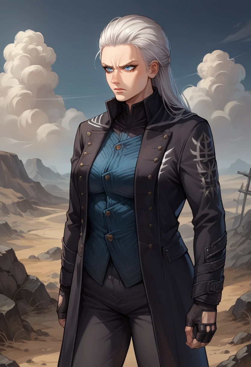 score_9, score_8_up, score_7_up, source_anime, 1girl, solo, (female:1.5), female focus, dmc5vergil, white hair, long hair, medium breasts,blue eyes, black coat, fingerless gloves, pants, standing,upset, looking at down, wasteland, gray landscape, desolated, gray plain,