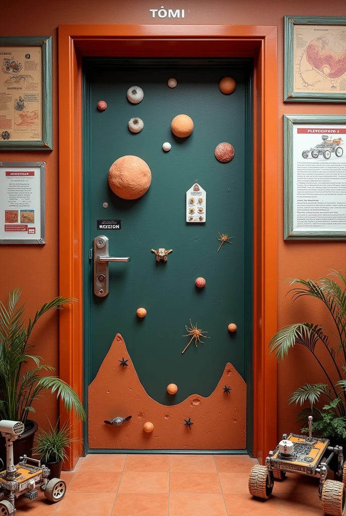 Create an image of a schoolroom door decorated with items on the theme of colonization on Mars, easy to replicate in real life