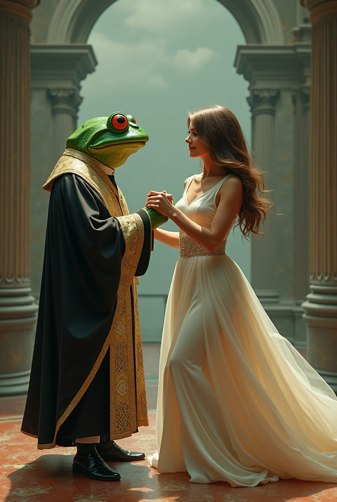 a frog, which is dressed like a priest, is dancing Melania Trump