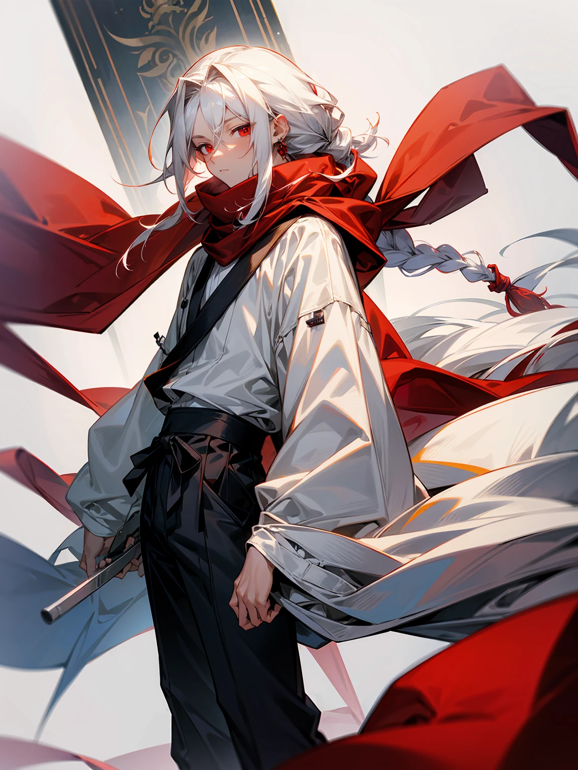1male, Adult, Long White Hair, White Baggy Long Sleeve Shirt, Baggy Black Pants, Red Eyes, Red Scarf, Earring, Masculine, Single Hair Braid