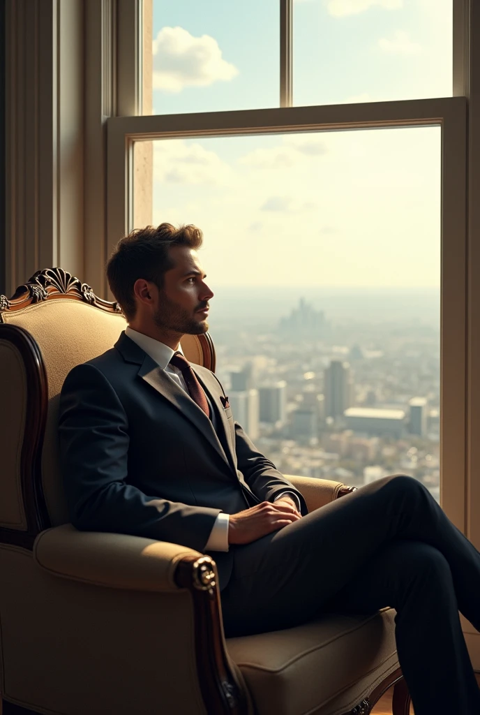 Guy sitting in a chair besides a large window