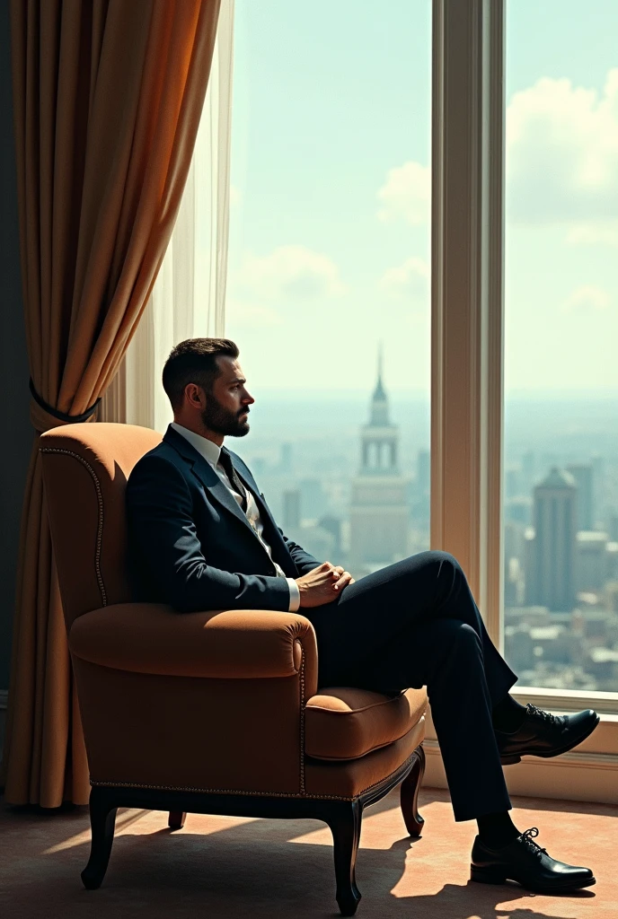Guy sitting in a chair besides a large window