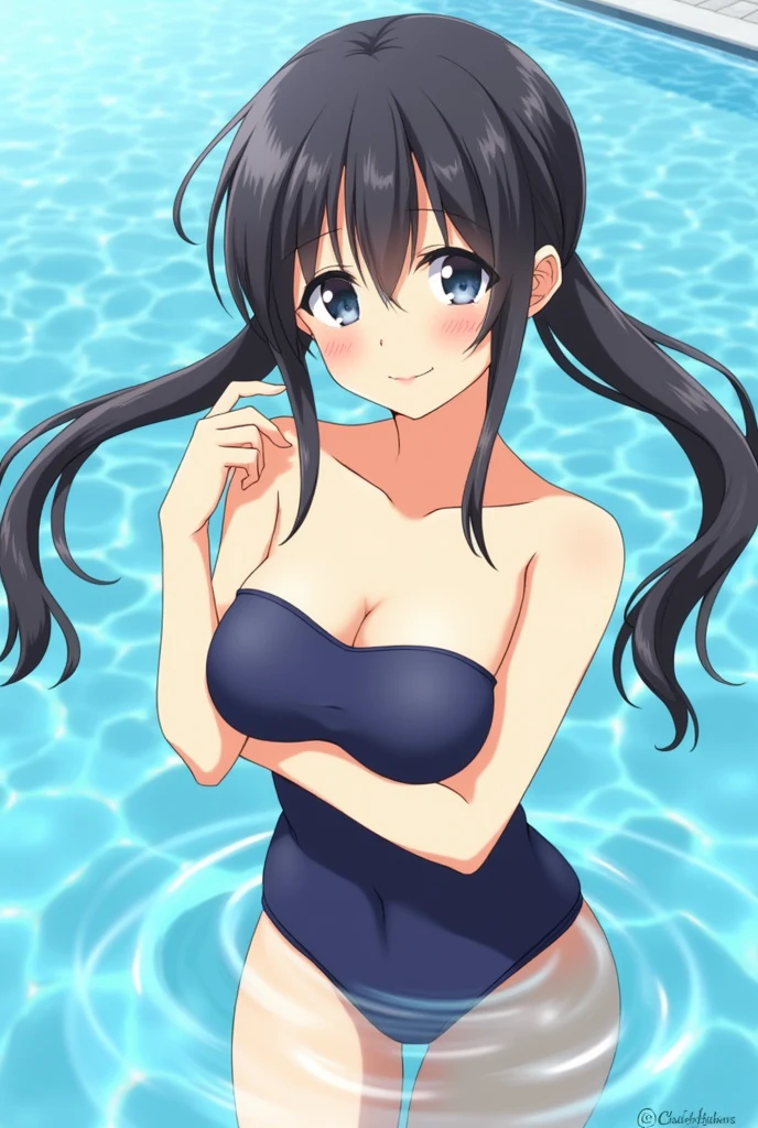 cute, girls, elementary school students, black hair, twin tails, dark blue school swimsuit, medium bust, smile, shiny skin, exposing breasts, nipple, show breasts, erotic, horny, semi-nude, {{{topless}}}, nude