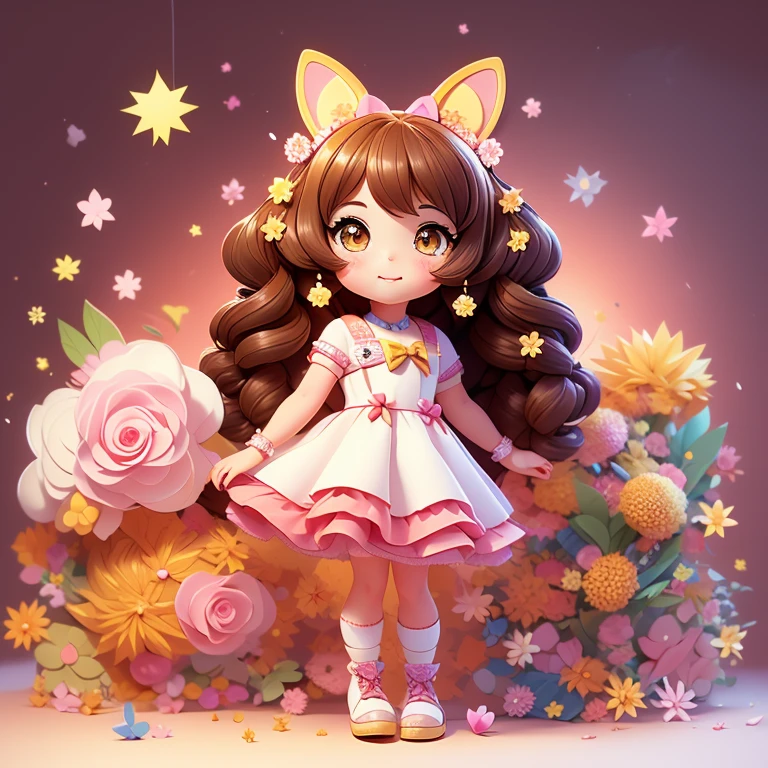 1girl, animal ears, tail, chibi, brown hair, doggy ears, solo, puppy tail, long hair, hair ornament, doggy girl, puppy girl, virtual youtuber, dress, gold eyes, ahoge, bow, white background, animal ear fluff, hairclip, holding