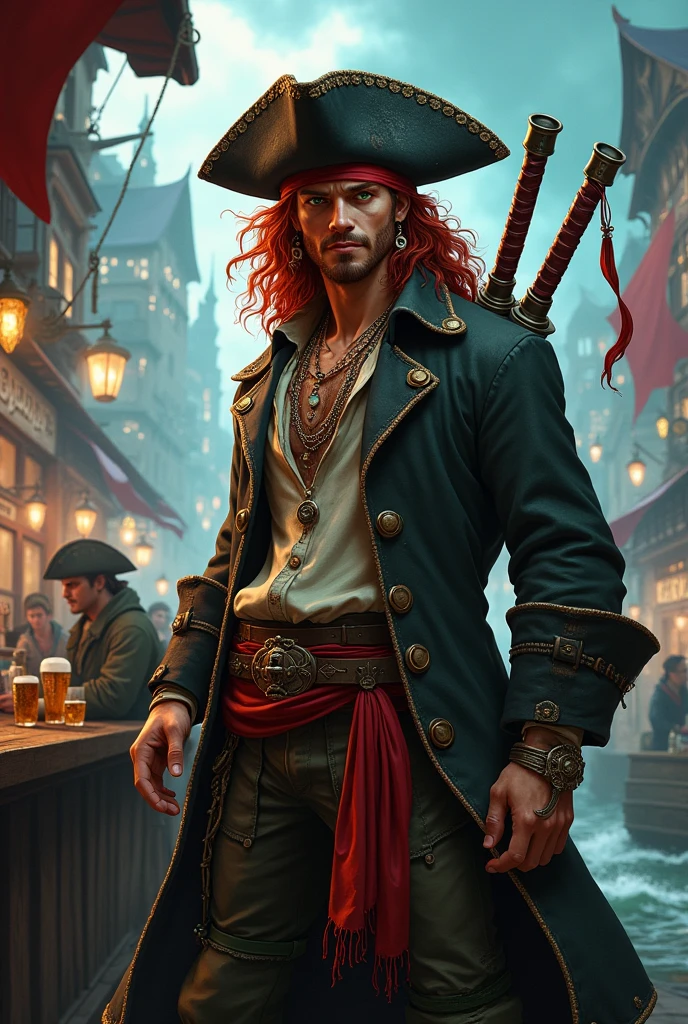 Red haired pirate, DnD world. A male pirate with long curly red hair, he has no beard at all and a small scar on his nose. He has green eyes. He’s wearing an old pirate trench cot, with an half ooen shirt under it. On his trousers he had a belt and a red band. On his head an old ruinedblack pirate hat. He’s having fun with many other sailor at the pub, there’s a storm in the background and a pirate city. He has two bastard sword on his back. He has many necklace and bracelets with some tatoos
