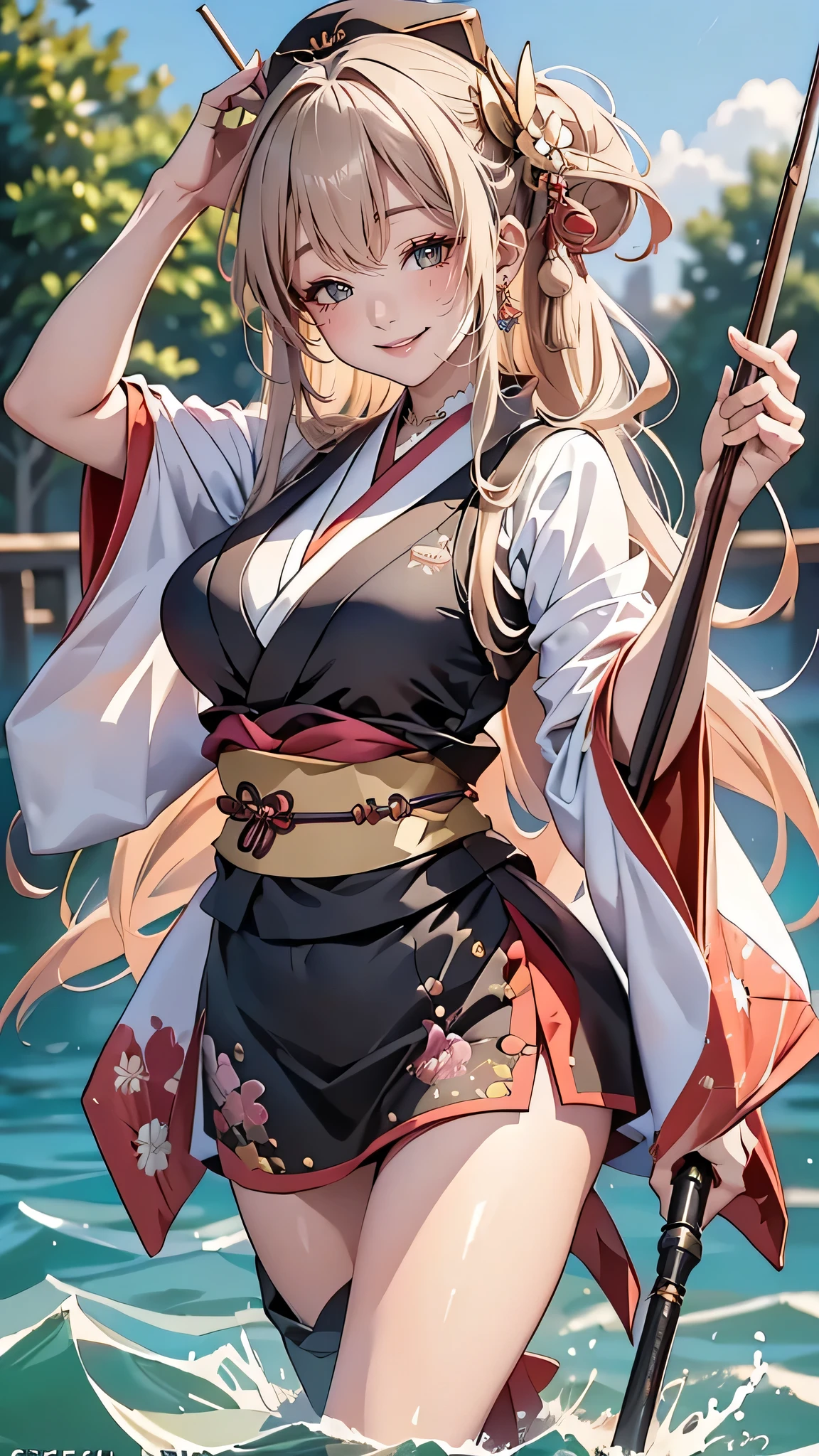 (Japanese manga:1.2),2D,detailed summary,highest quality,best picture quality,(amazingly absurd:1.2),(masterpiece:1.2),break,ultra high definition,attention to detail,high quality,high resolution,best quality,4k,8K,break,highlighting fishing rod and fish,summer breakwater,fishing girl,black vest,cap,break,closed eyes,big smiling mouth,big smile after catching a fish,angel smile,break,rod in left hand,fish in right hand