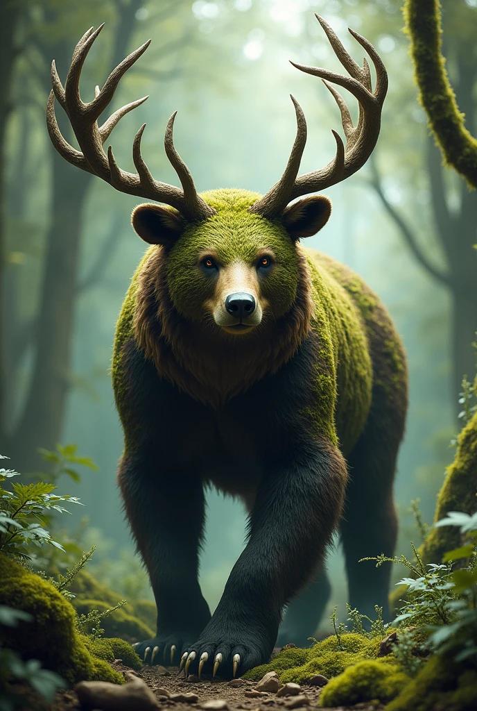 Bear with deer antlers and mossy fur