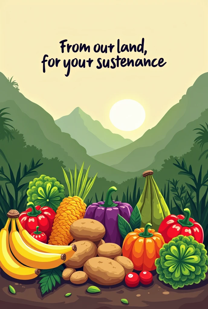 Poster with the theme of local food (Siantar/North Sumatra) with the words "Dari Tanah Kita, Untuk Pangan Kita" (look simple but great to see and have people like eat food or fruit, like banana, potato anything, have some vegetable )