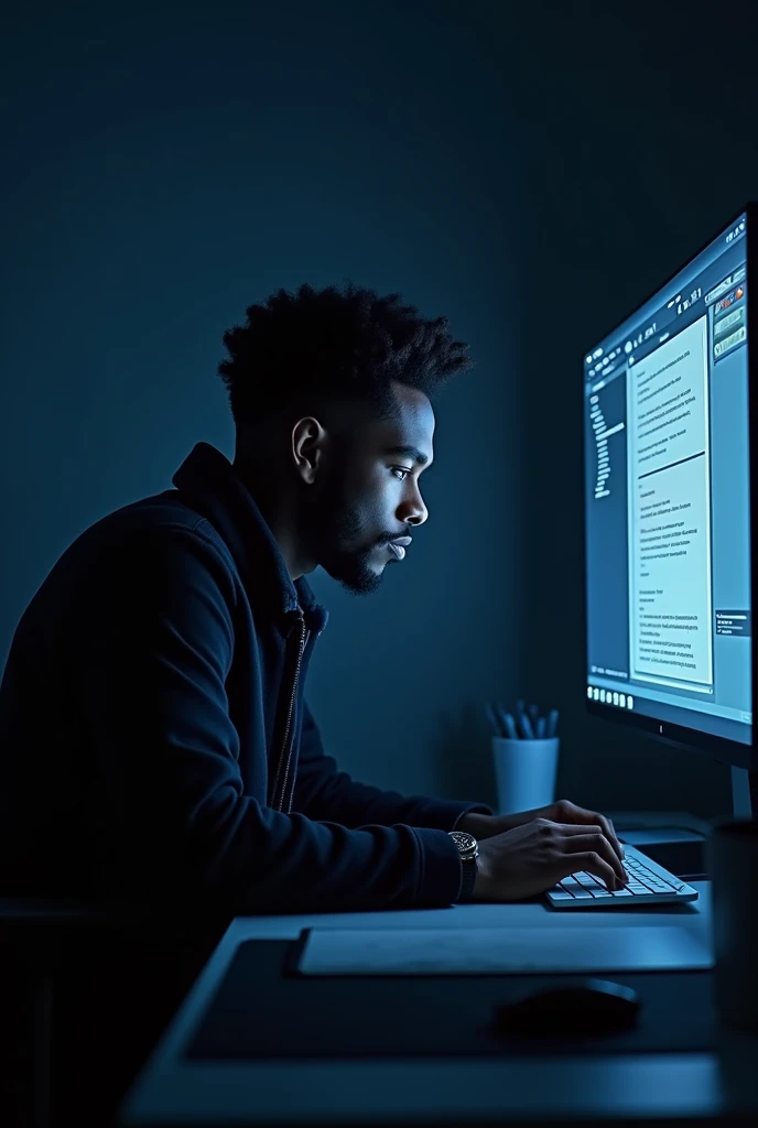 create a blue, black and white themed social media desktop with a black guy working on the computer