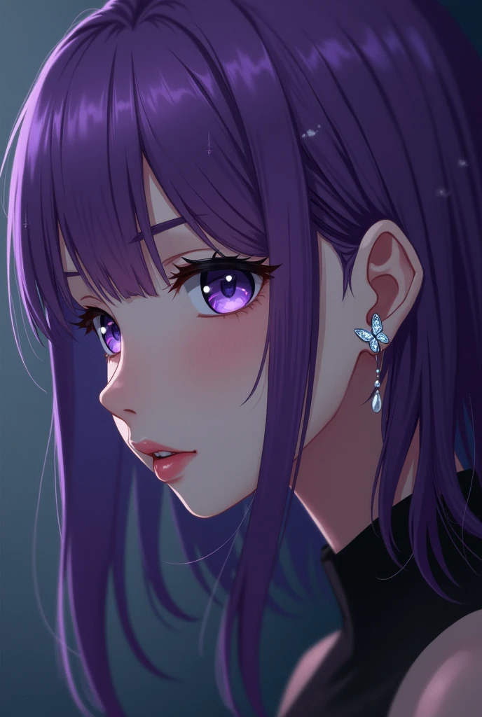 Anime alternative dark girl with hair purple
show a small piercing un the ear with form of butterfly hélix so shine and white of 5 mm (so small) in the ear