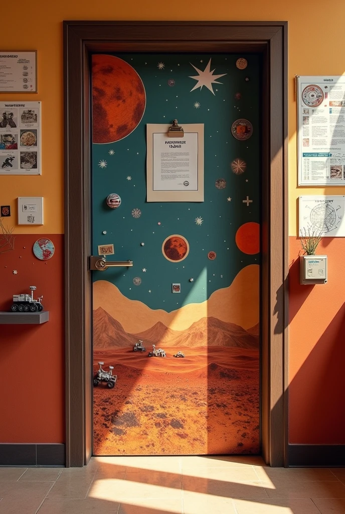 Create an image of a schoolroom door decorated with items on the theme of colonization on Mars, easy to replicate in real life