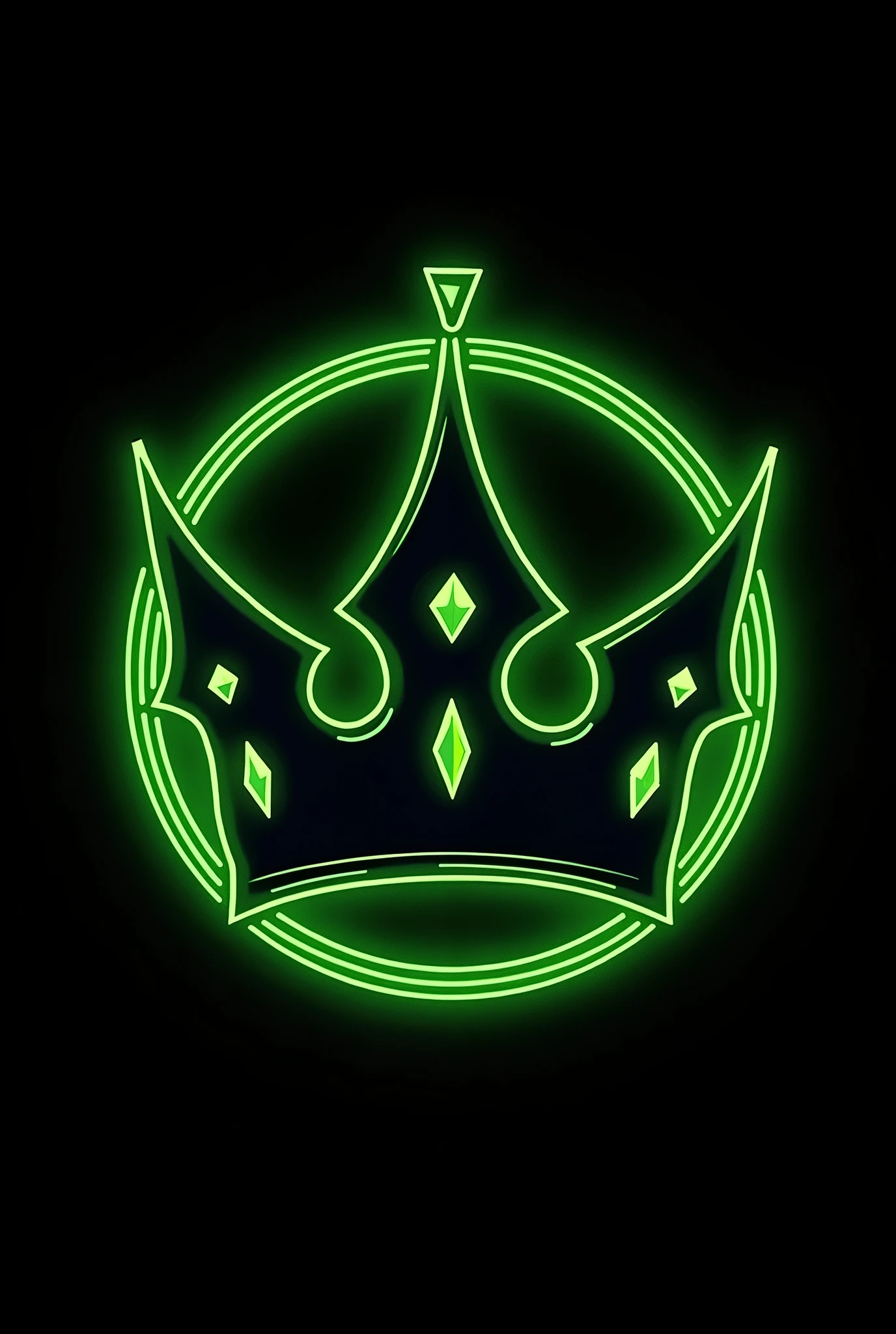 vector rounded logo of a Big Black Crown with green fluorescent zaphires , 2048k, octane render, use only next colors: green flurorescent, black and yellow in the image, high contrast and vivid cinematic colors add next green neon circle text ¨ Rick D´Angle¨ ready to be printed in a tshirt, totally black background