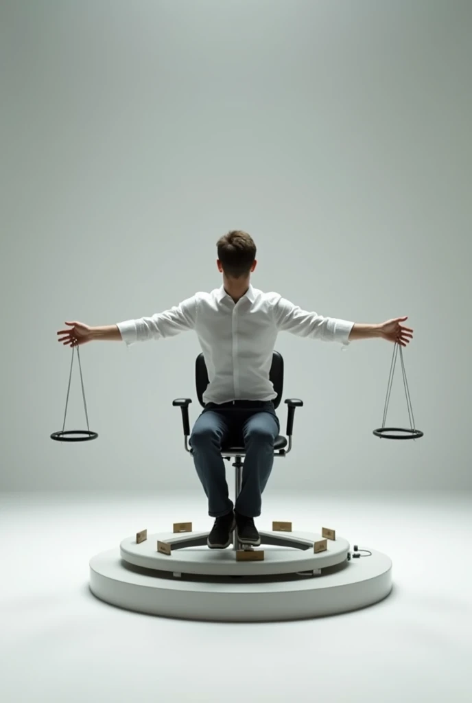 Create an image of the assembly used in the physical experiment of conservation of angular motion which consists of a rotating chair, a person sitting on this chair while holding two small weights, in each hand and with arms outstretched.
