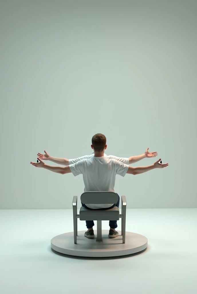 Create an image of the assembly used in the physical experiment of conservation of angular motion which consists of a rotating chair, a person sitting on this chair while holding two small weights, in each hand and with arms outstretched.